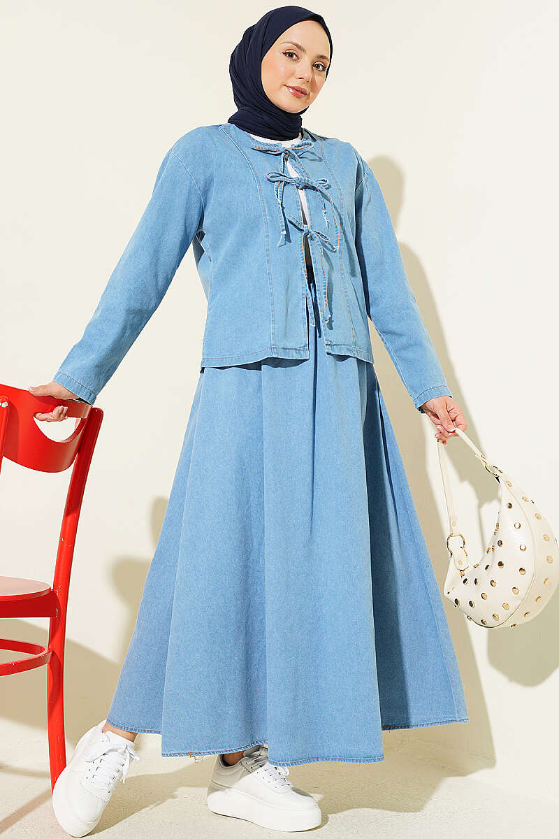 Lace-Up Denim Skirt Set - Light Blue