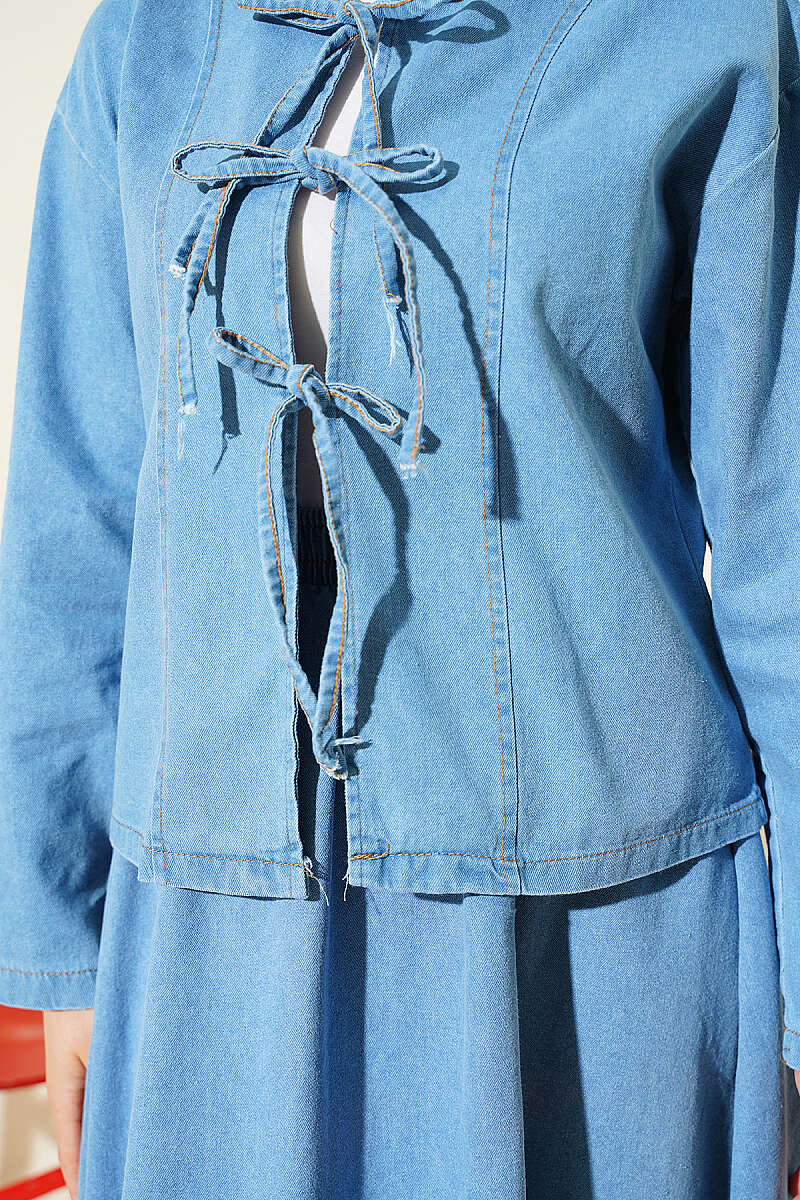 Lace-Up Denim Skirt Set - Light Blue