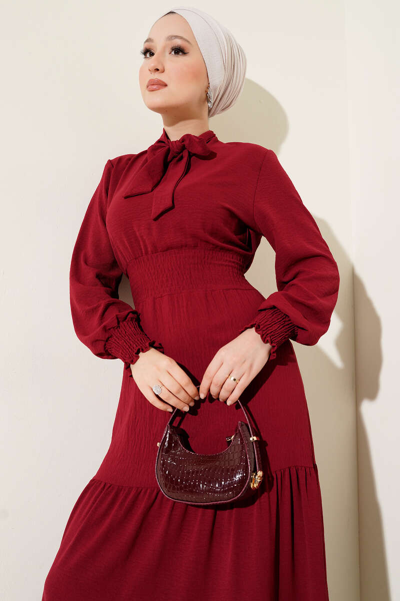 Tie-Front Elastic Dress - Burgundy