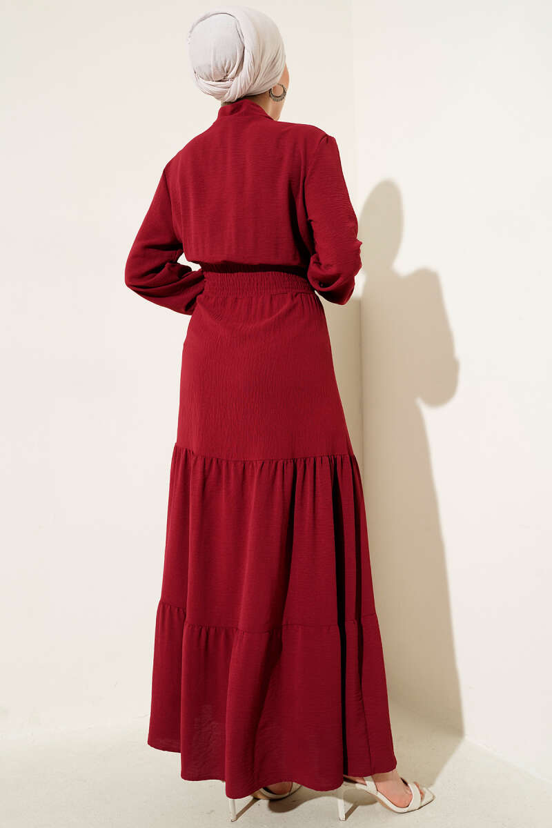 Tie-Front Elastic Dress - Burgundy