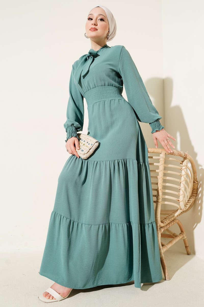 Tie-Front Elastic Dress - Almond Green