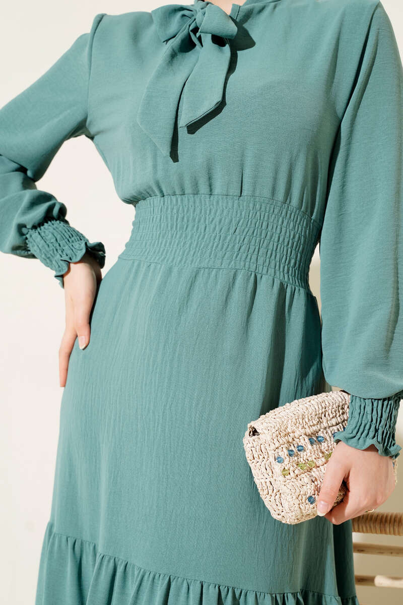 Tie-Front Elastic Dress - Almond Green
