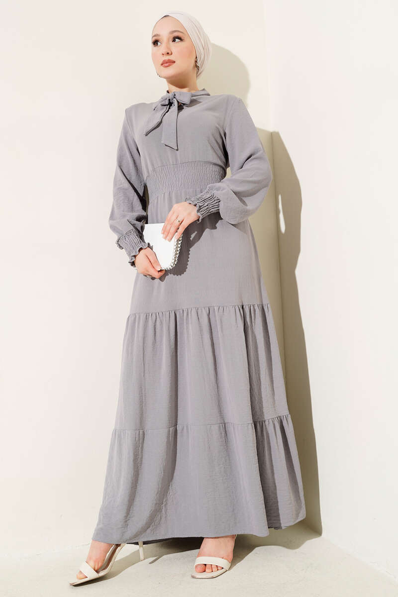 Tie-Front Elastic Dress - Grey