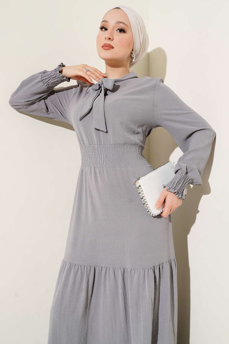 Tie-Front Elastic Dress - Grey