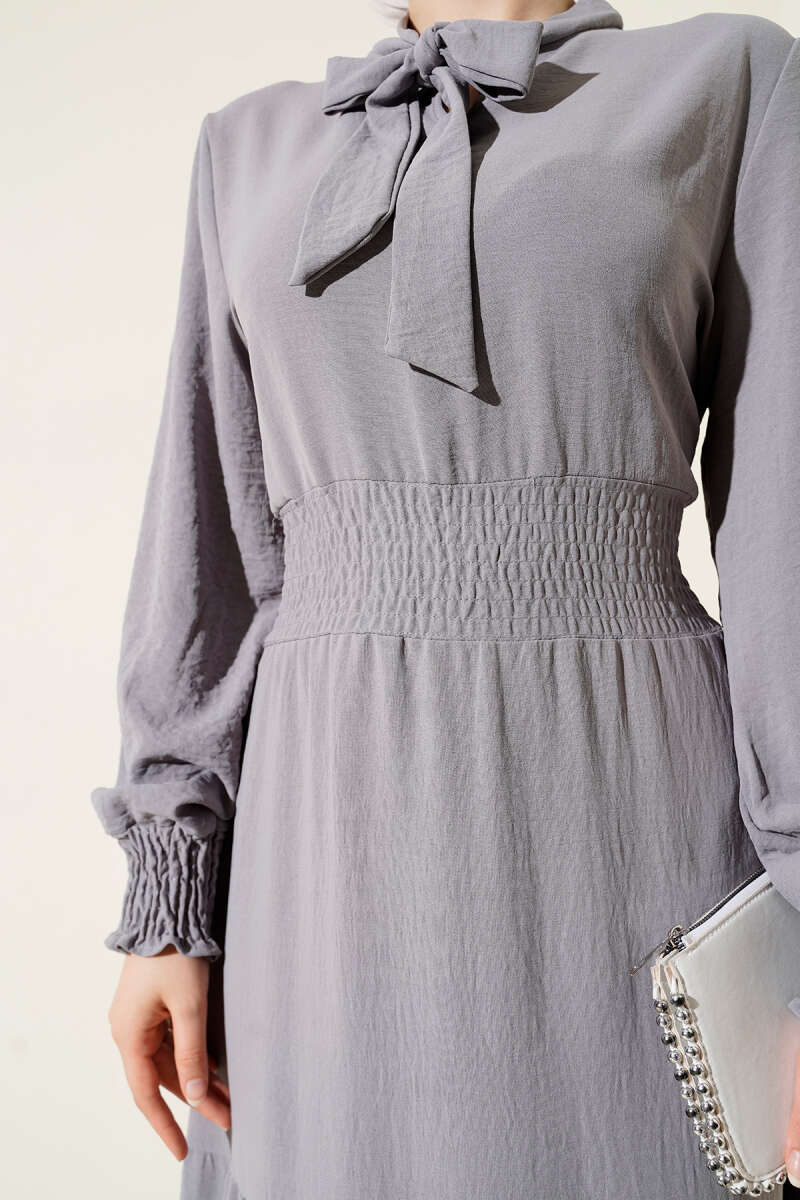 Tie-Front Elastic Dress - Grey