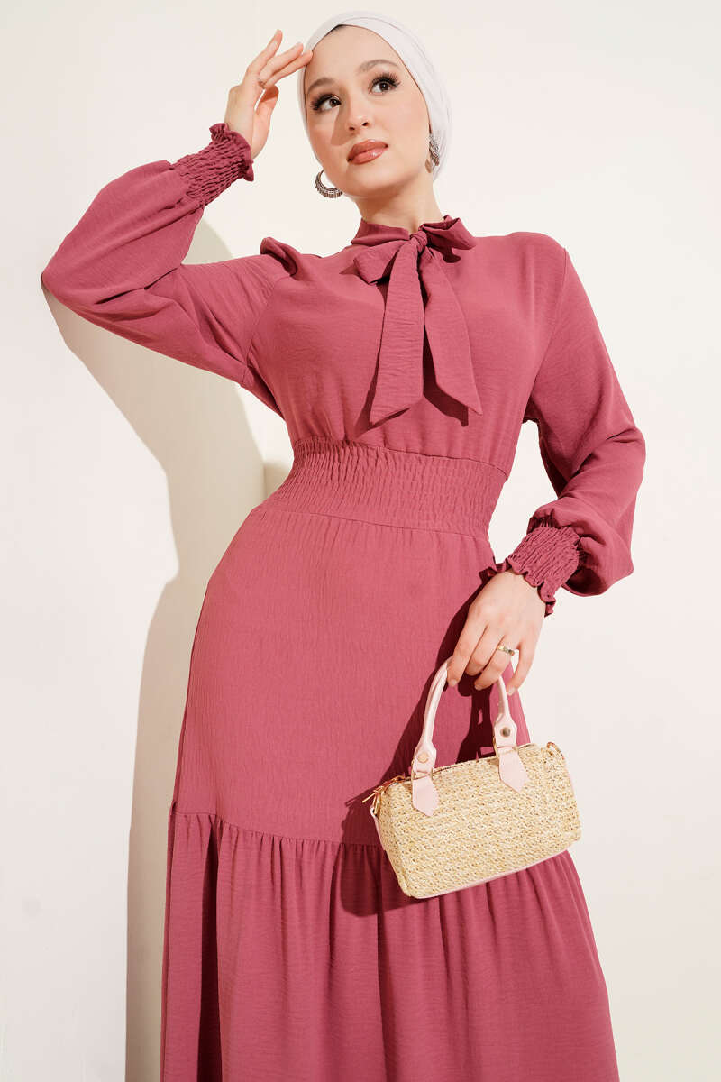 Tie-Front Elastic Dress - Dusty Rose