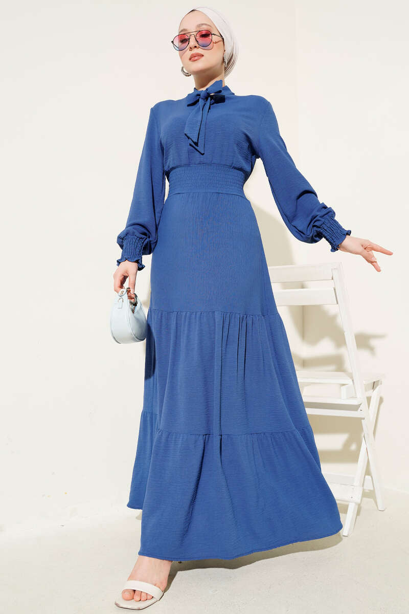 Tie-Front Elastic Dress - Indigo