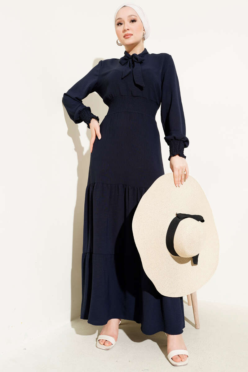 Tie-Front Elastic Dress - Navy