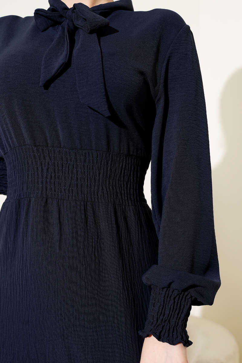 Tie-Front Elastic Dress - Navy