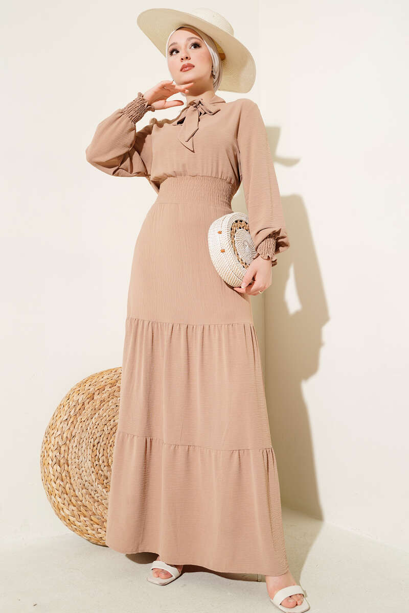 Tie-Front Elastic Dress - Latte