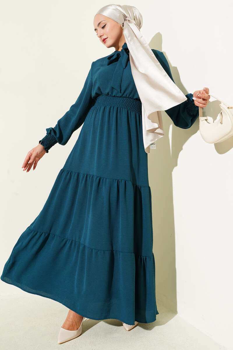 Tie-Front Elastic Dress - Petrol Green