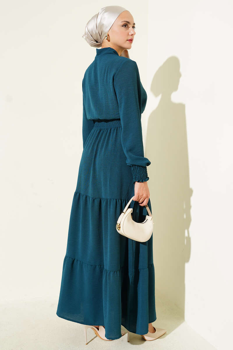 Tie-Front Elastic Dress - Petrol Green