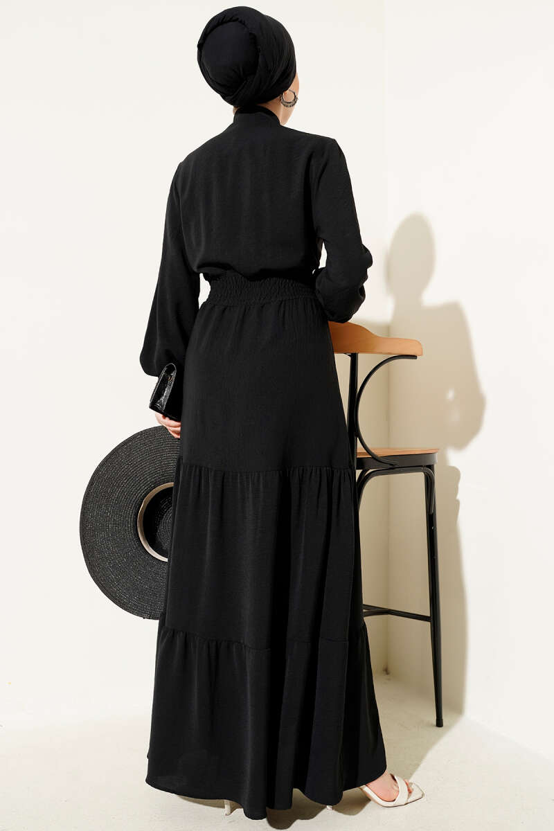 Tie-Front Elastic Dress - Black