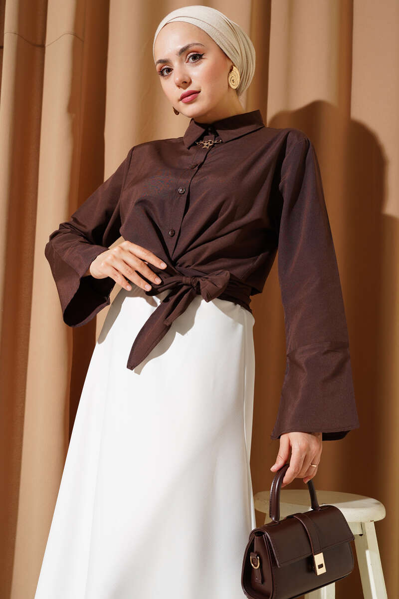 Short Tie-Front Shirt - Brown