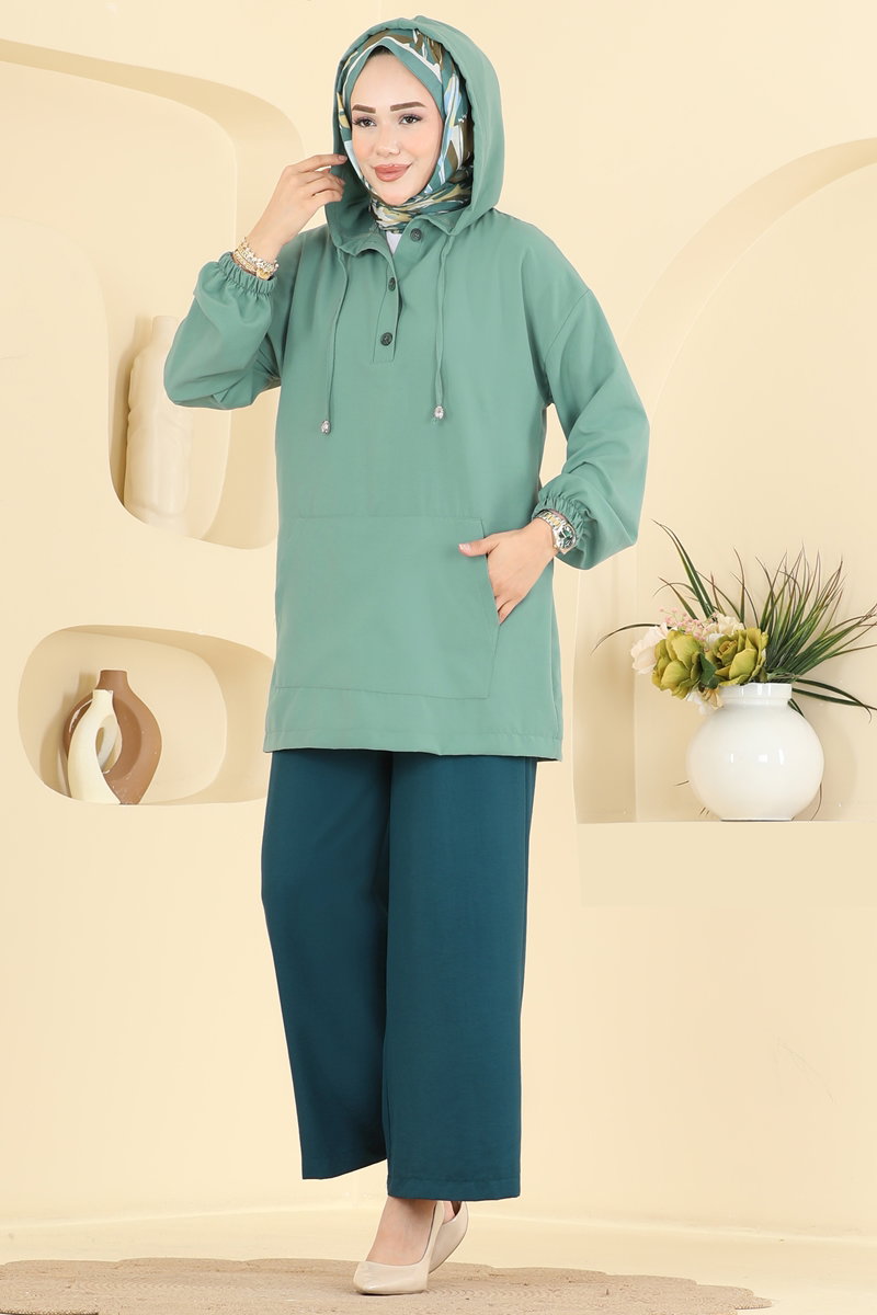Cupro Two-Piece Set with Button Front - Dark Mint-Teal