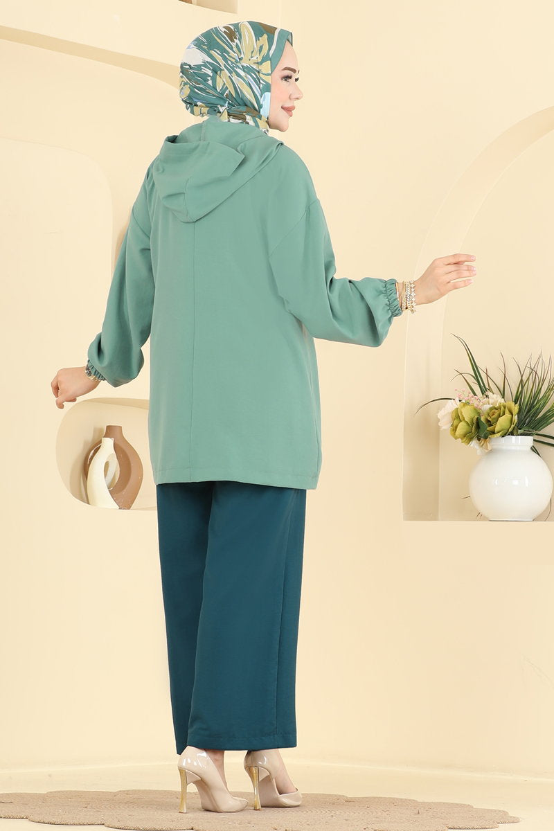 Cupro Two-Piece Set with Button Front - Dark Mint-Teal