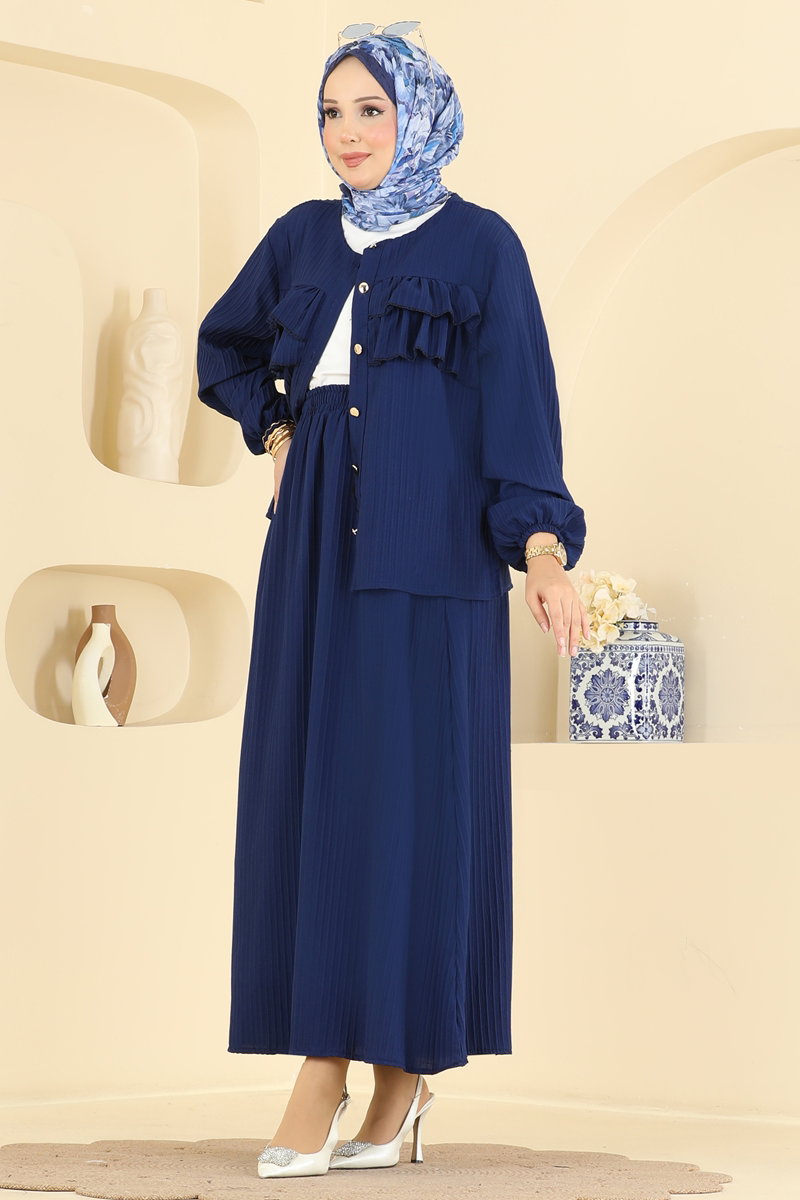Button-Front Woven Two-Piece Set - Navy