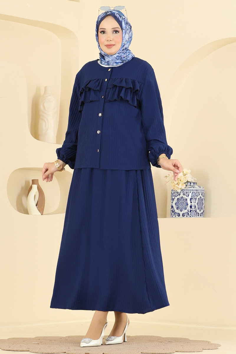 Button-Front Woven Two-Piece Set - Navy