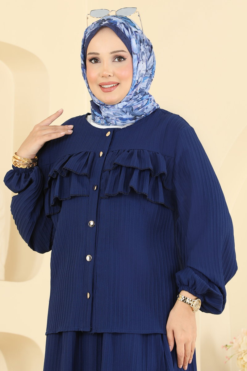 Button-Front Woven Two-Piece Set - Navy