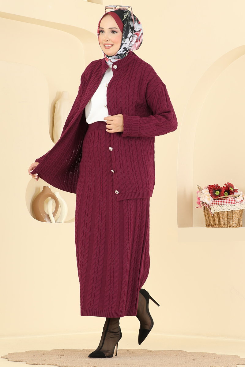 Button-Front Knit Two-Piece Set - Burgundy