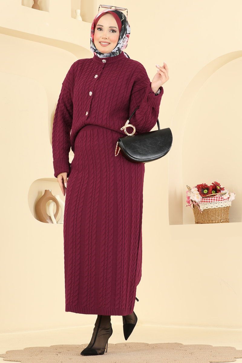Button-Front Knit Two-Piece Set - Burgundy
