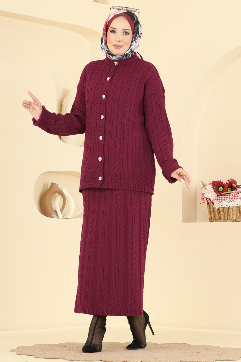 Button-Front Knit Two-Piece Set - Burgundy