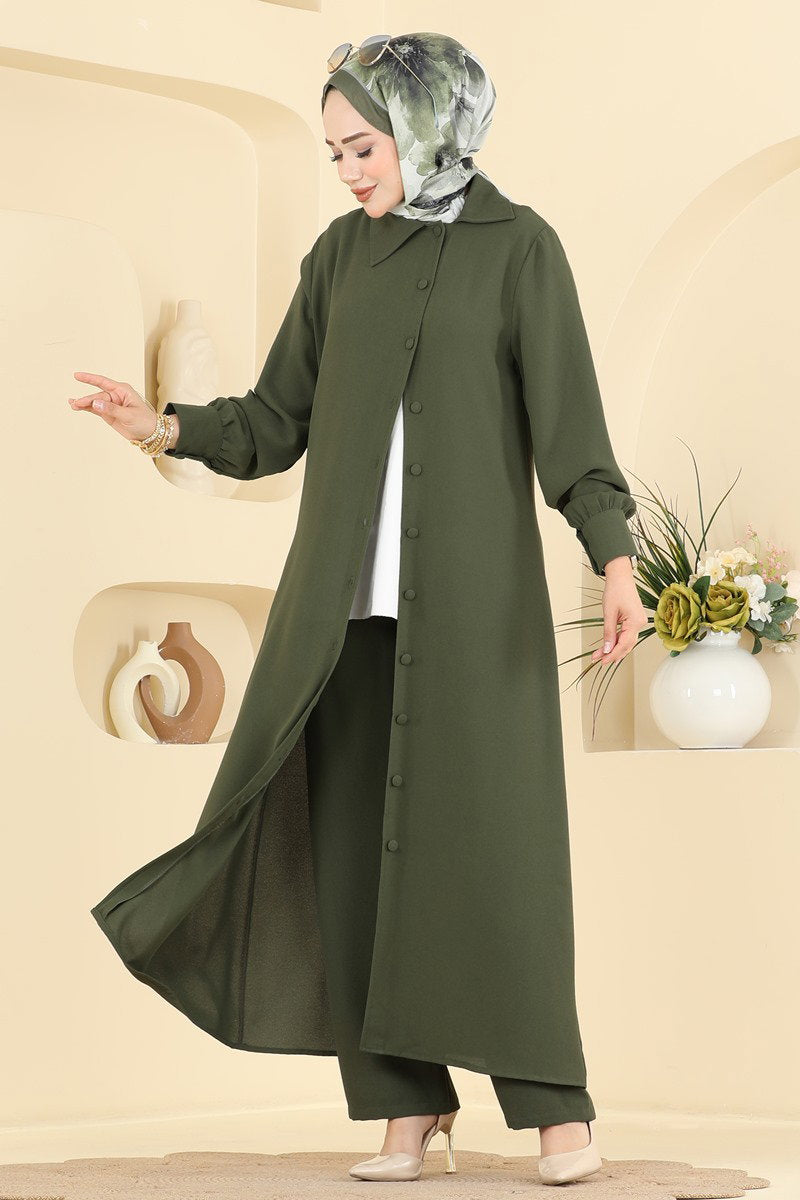 Button-Front Crepe Two-Piece Set - Khaki