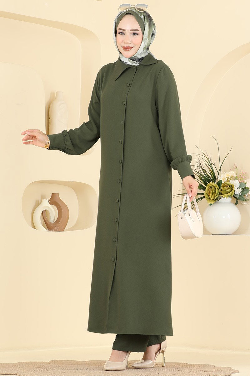 Button-Front Crepe Two-Piece Set - Khaki