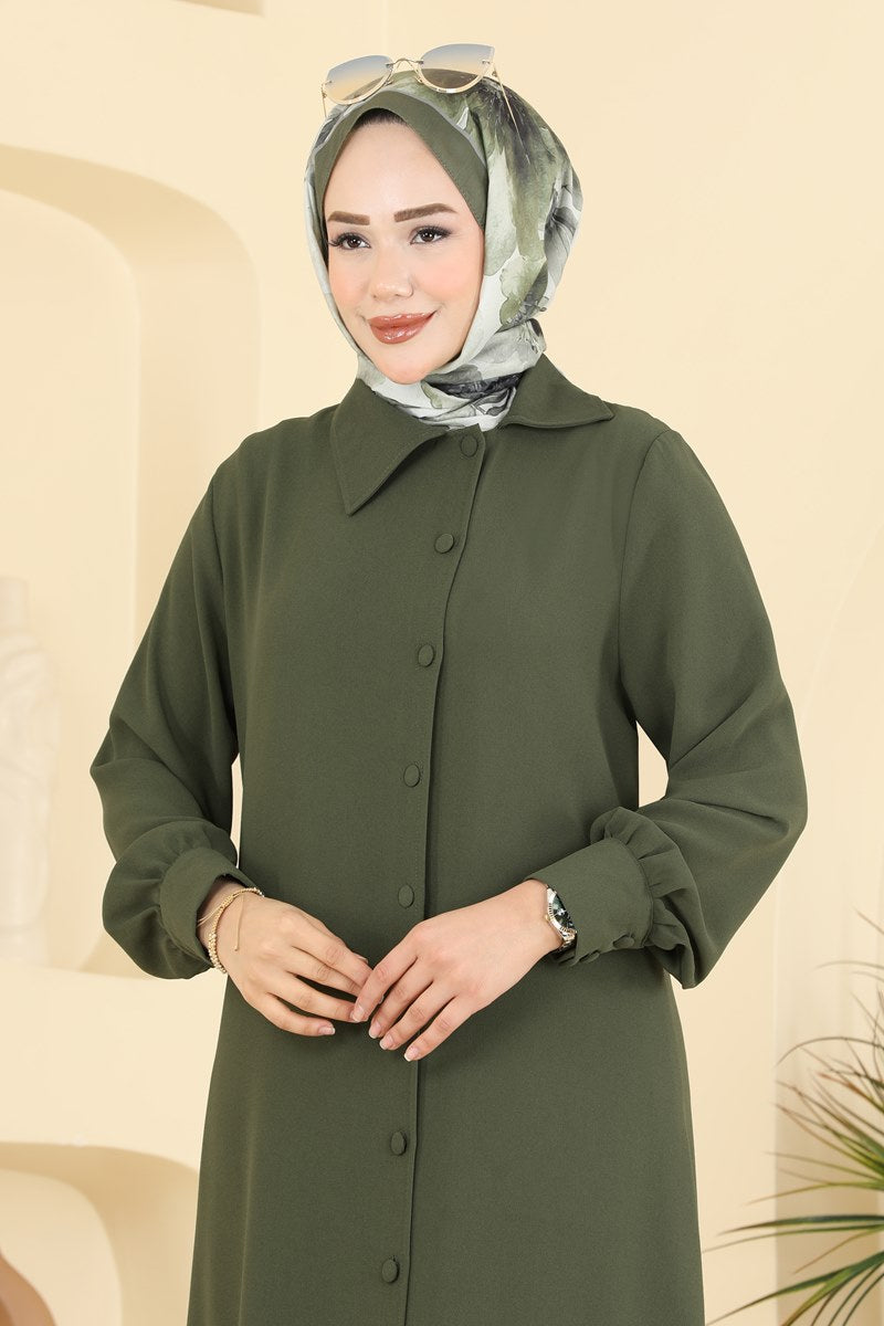 Button-Front Crepe Two-Piece Set - Khaki
