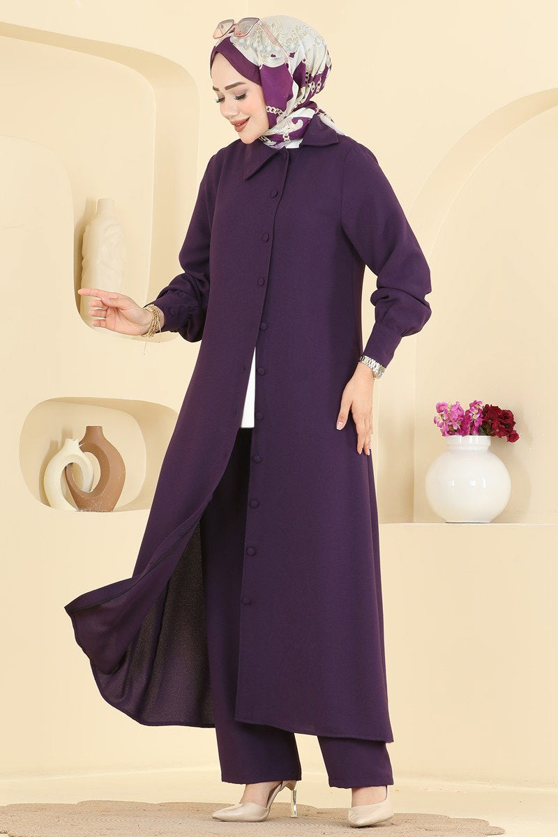 Button-Front Crepe Two-Piece Set - Purple