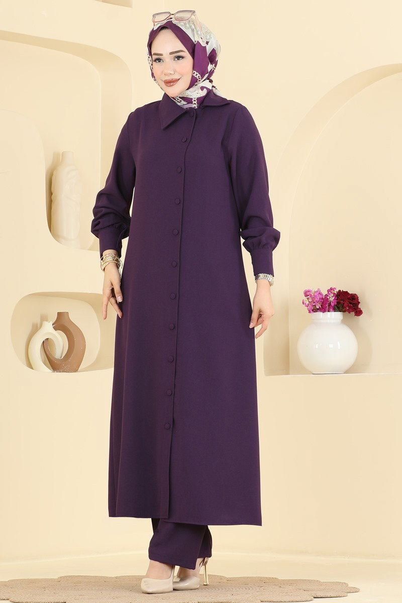 Button-Front Crepe Two-Piece Set - Purple