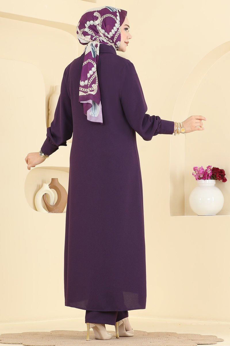 Button-Front Crepe Two-Piece Set - Purple