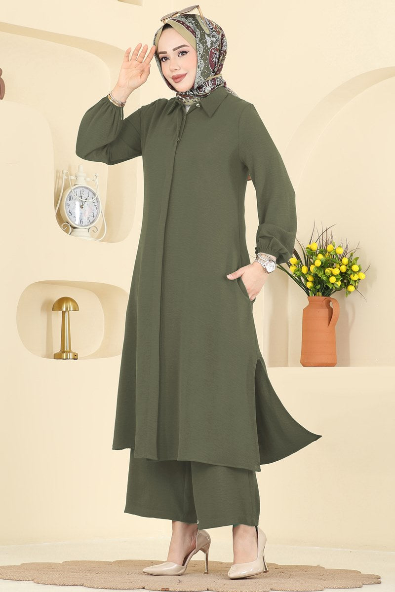 Button-Front Aerobin Two-Piece Set - Light Khaki
