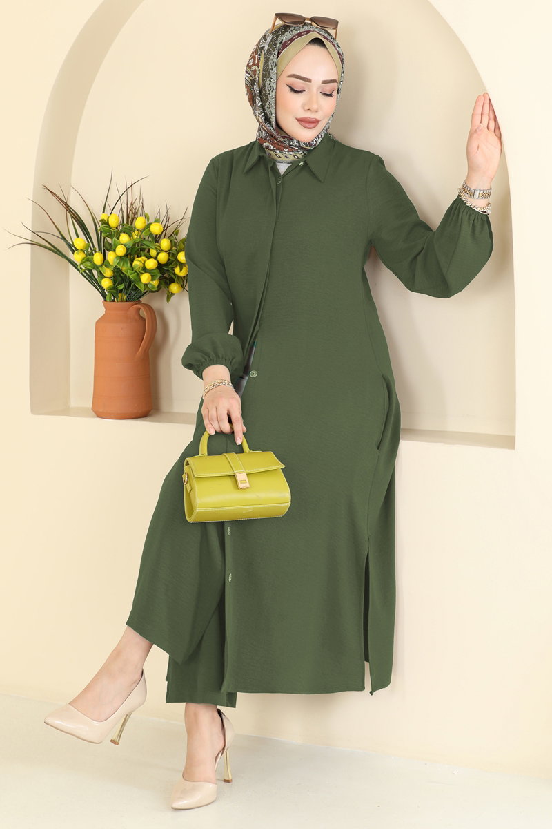 Button-Front Aerobin Two-Piece Set - Khaki