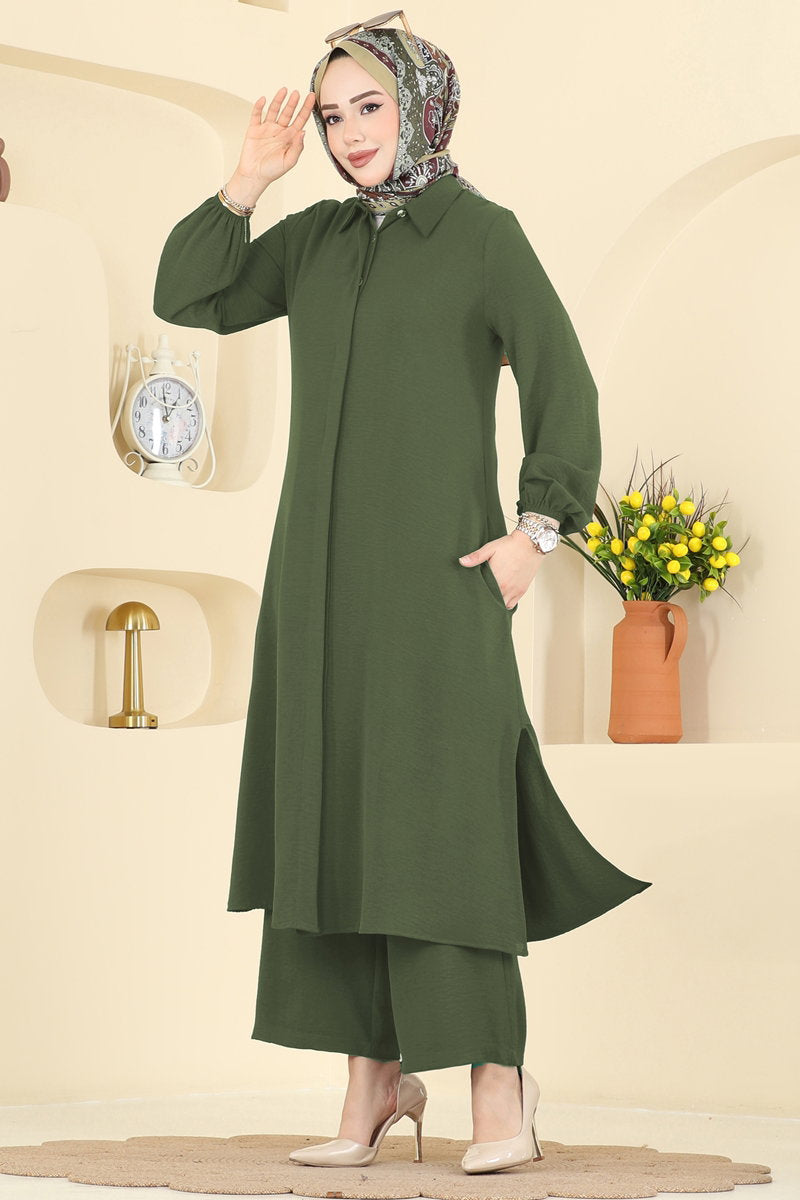 Button-Front Aerobin Two-Piece Set - Khaki