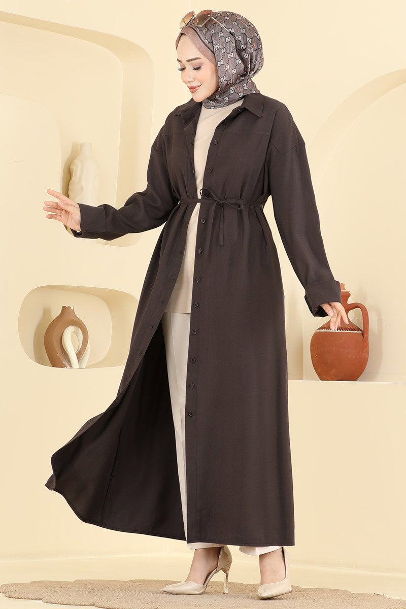 Button-Front Tencel Dress with Tie - Dark Brown