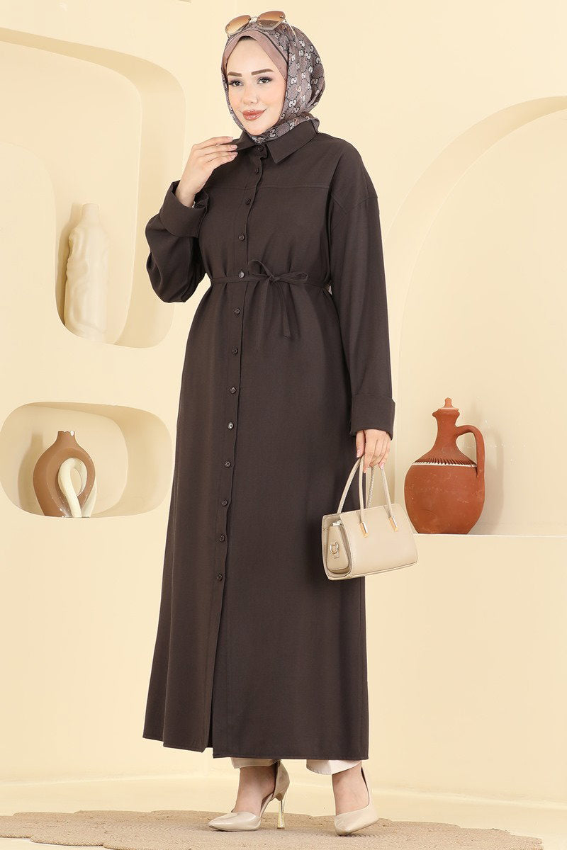 Button-Front Tencel Dress with Tie - Dark Brown