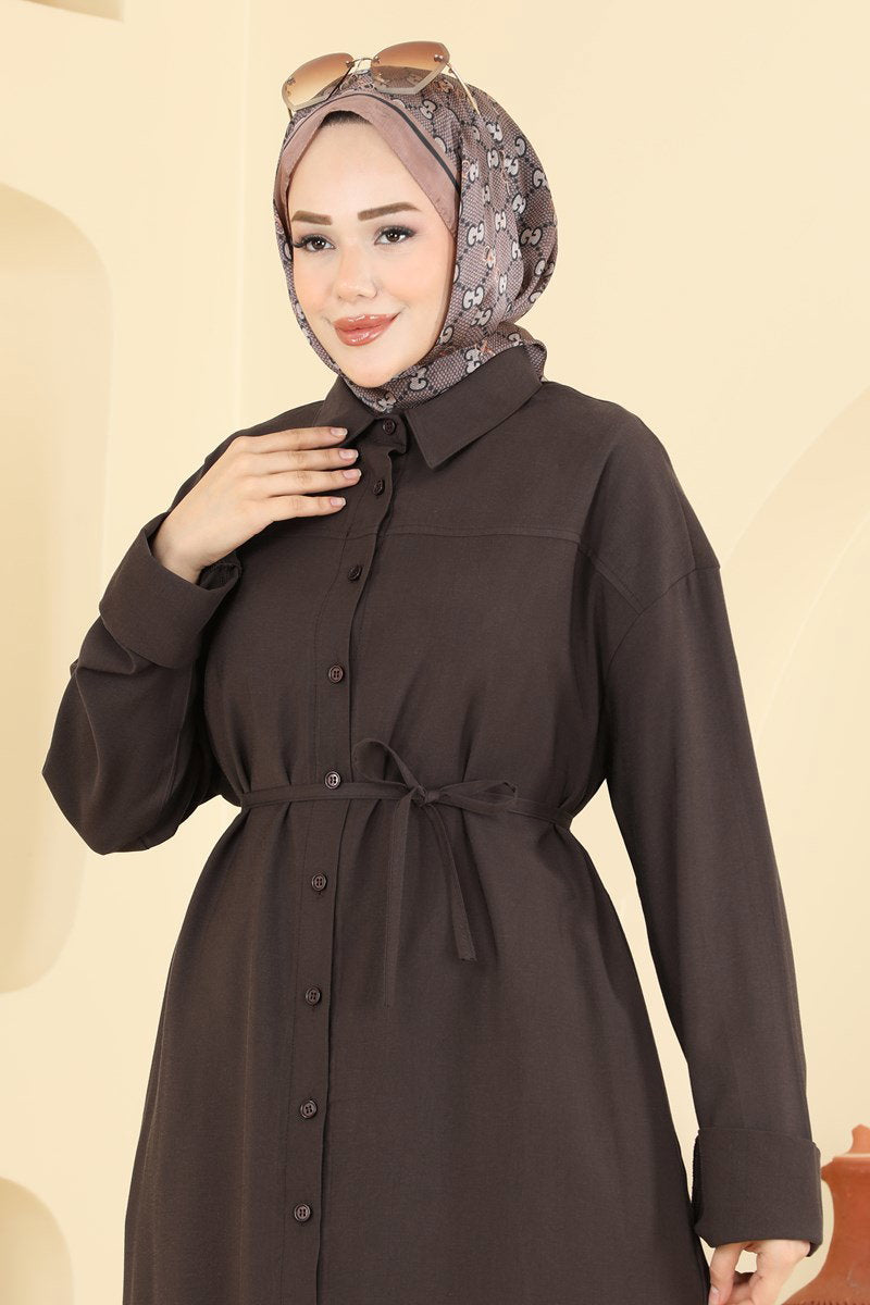 Button-Front Tencel Dress with Tie - Dark Brown