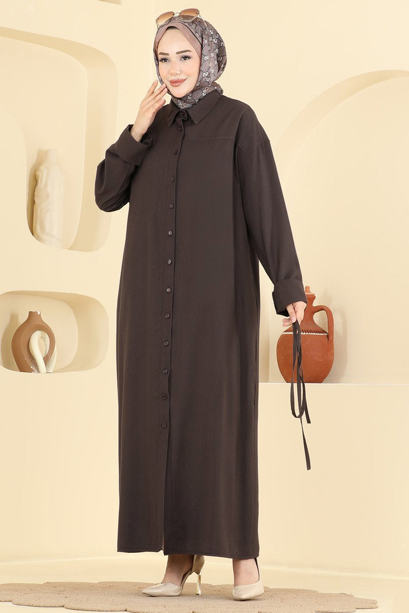 Button-Front Tencel Dress with Tie - Dark Brown