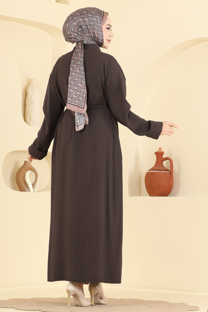 Button-Front Tencel Dress with Tie - Dark Brown