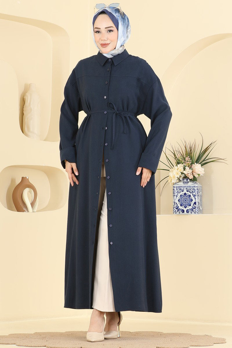 Button-Front Tencel Dress with Tie - Navy