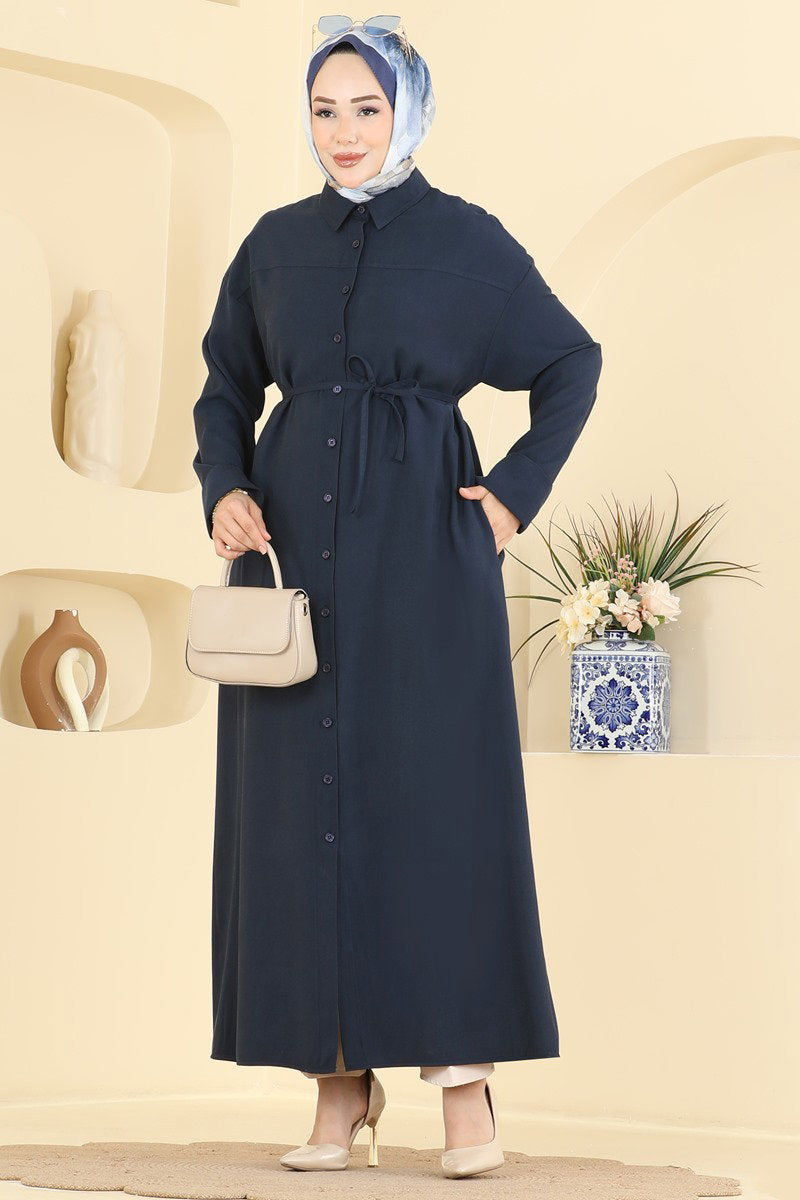 Button-Front Tencel Dress with Tie - Navy