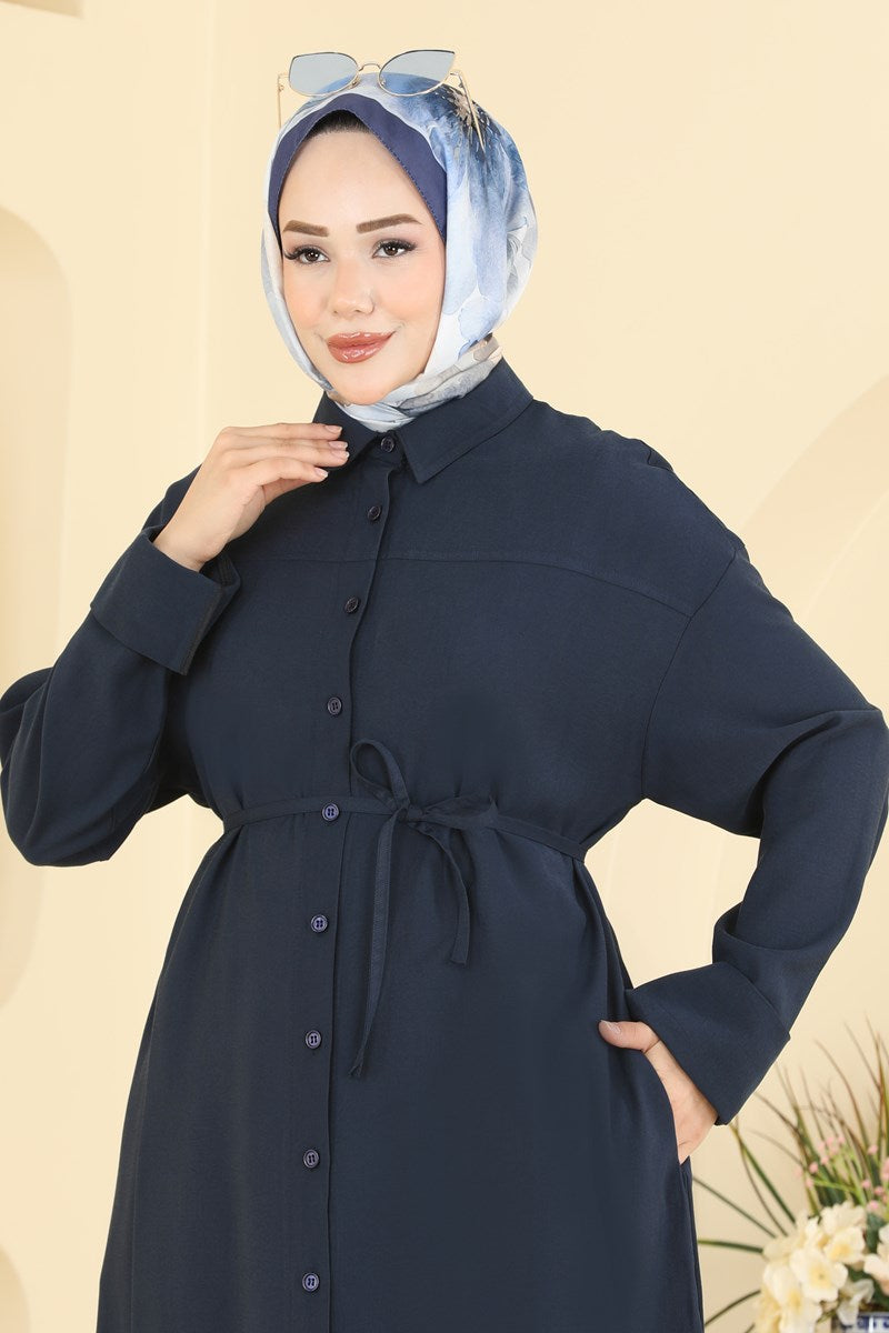Button-Front Tencel Dress with Tie - Navy
