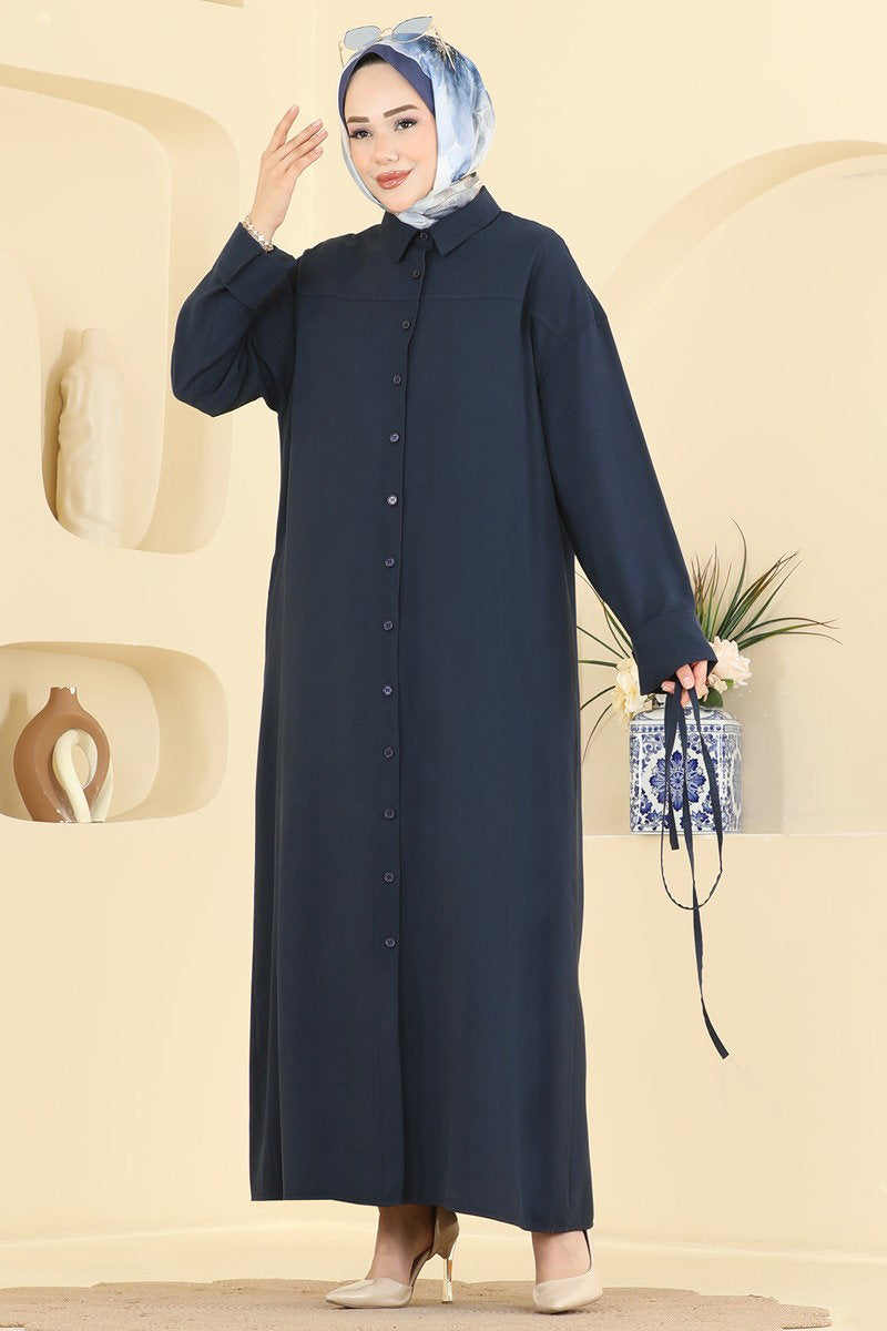 Button-Front Tencel Dress with Tie - Navy