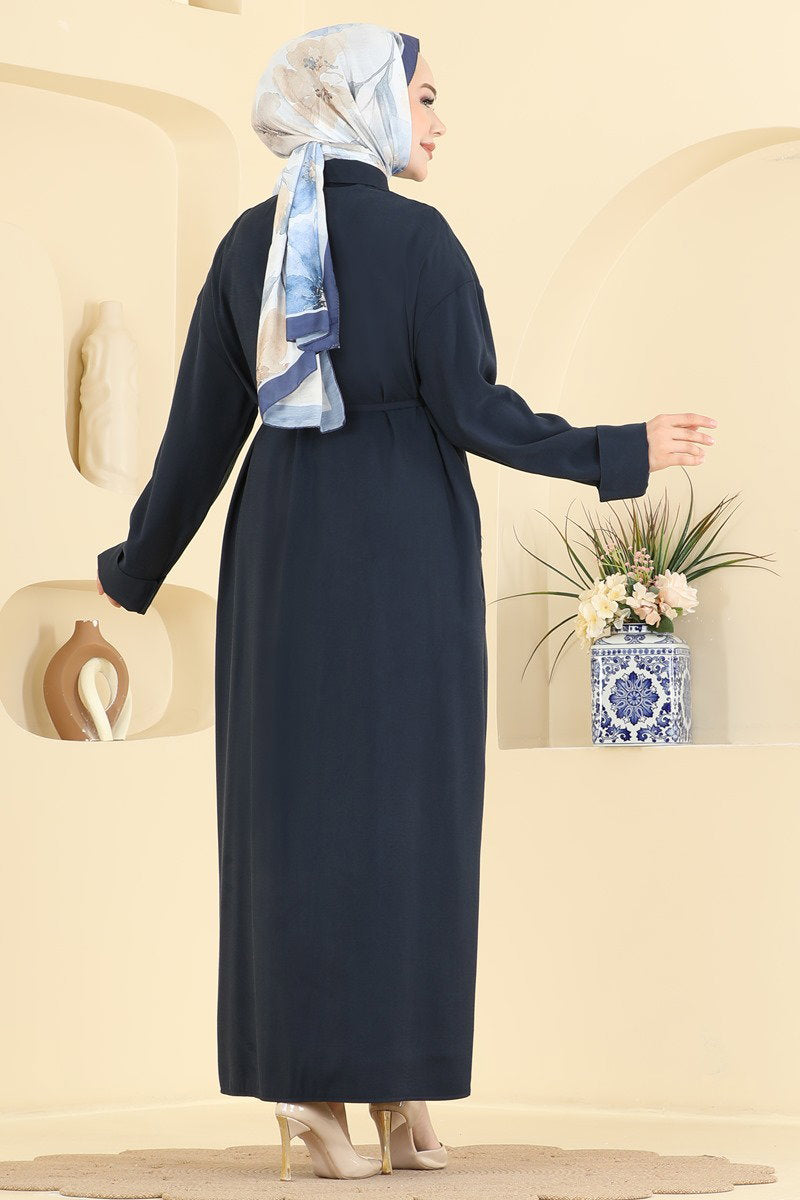 Button-Front Tencel Dress with Tie - Navy