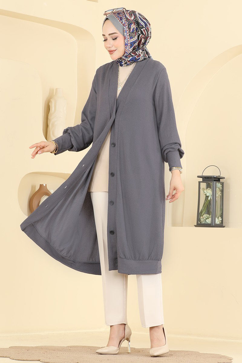 Button-Front Crinkle Cardigan - Charcoal