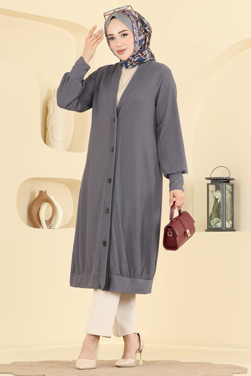 Button-Front Crinkle Cardigan - Charcoal