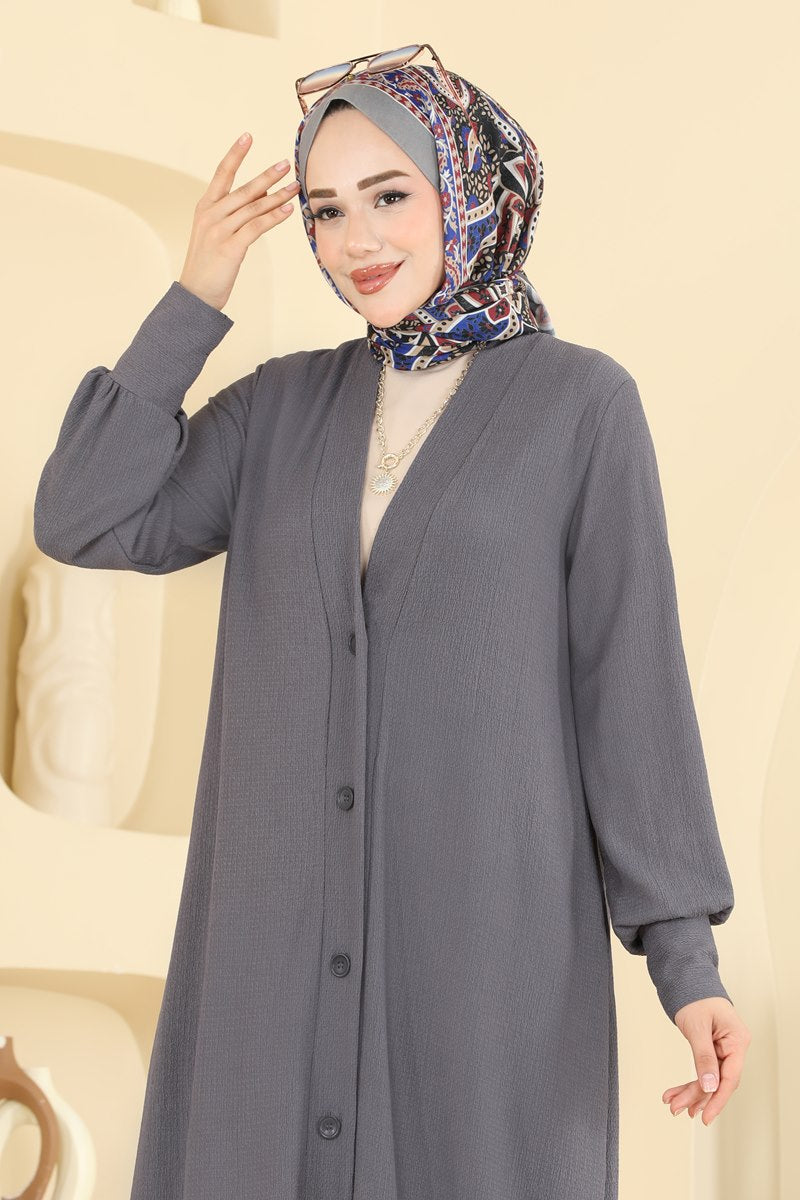 Button-Front Crinkle Cardigan - Charcoal