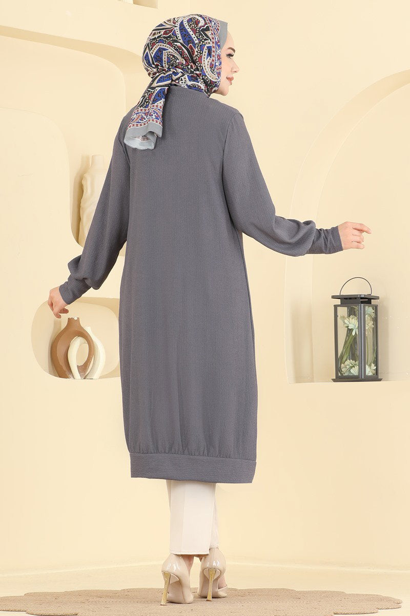 Button-Front Crinkle Cardigan - Charcoal