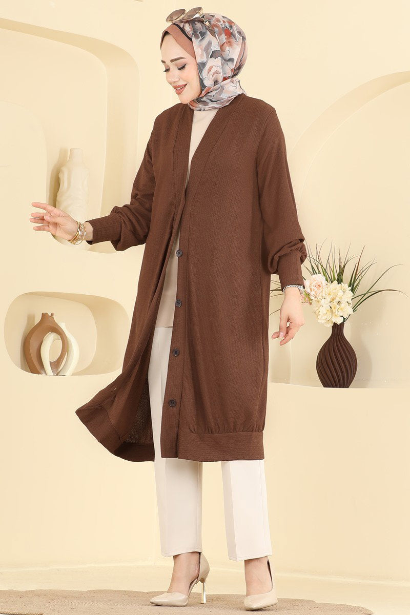 Button-Front Crinkle Cardigan - Brown